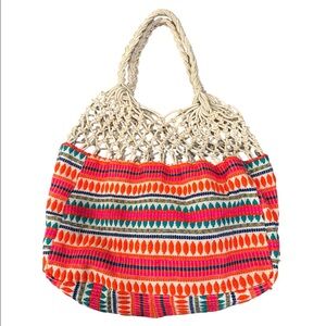 Sam Edelman Macramé Tote Boho Embroidered Tribal Beige Multi Stripe Beach Bag